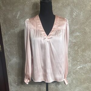 White House Black Market Blush Satin V-Neck Long Sleeve Blouse